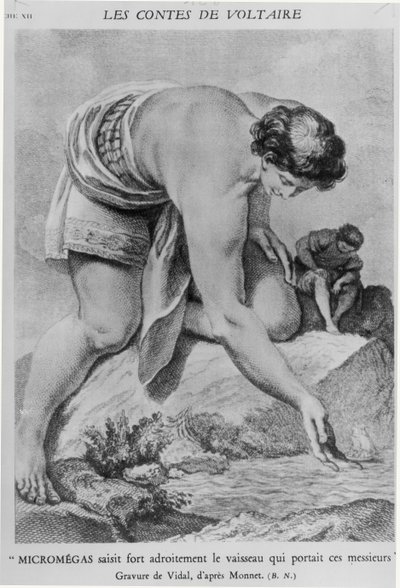 「マイクロメガはこれらの紳士を乗せていた船を巧みに拾います」、ジェラール・ビダル（1742-1801）が刻印したフランソワ・マリー・アルエ・ド・ヴォルテール（1694-1778）の「レ・コンテ」 作： Charles Monnet